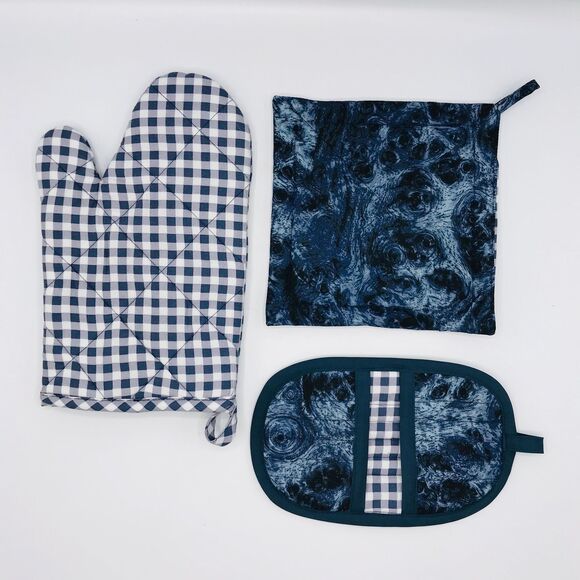Oven Mitt, Finger Hotpad, and Potholder, Navy Blue Gingham, 3 Pc Baking Gift Set - Picture 1 of 10